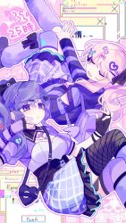  1girl 1other :d \||/ akiyama_mizuki asahina_mafuyu asymmetrical_gloves asymmetrical_legwear backpack bag belt black_bag black_bow black_corset black_gloves black_hoodie black_shoes black_thighhighs blue_eyes blue_skirt bow bow_legwear breasts broken_heart broken_heart_hair_ornament chromatic_aberration cleavage_cutout closed_eyes closed_mouth clothing_cutout collared_shirt commentary_request corset crossed_legs elbow_gloves expressionless facial_mark facing_another feet_out_of_frame fingerless_gloves fishnet_thighhighs fishnets foot_out_of_frame frilled_skirt frills gloves hair_between_eyes hair_bow hair_ornament hand_on_own_knee heart heart-shaped_bag heart_facial_mark heart_hair_ornament heart_necklace high_ponytail high_side_ponytail highres hood hood_down hoodie invisible_chair jewelry kneehighs knees_together_feet_apart laylayhappy light_frown long_hair long_sleeves looking_at_another loose_socks miniskirt mismatched_gloves mismatched_thighhighs multicolored_eyes necklace negai_wa_itsuka_asa_wo_koete_(project_sekai) official_alternate_costume open_mouth outline outstretched_arm pink_background pink_hair plaid_clothes plaid_skirt ponytail project_sekai puffy_long_sleeves puffy_short_sleeves puffy_sleeves purple_bag purple_belt purple_gloves purple_hair purple_hoodie purple_shirt purple_skirt purple_socks purple_thighhighs raglan_sleeves shirt shoes short_sleeves shoulder_bag shoulder_cutout side_ponytail simple_background single_elbow_glove sitting skirt small_breasts smile socks socks_over_thighhighs star_(symbol) star_necklace striped_clothes striped_gloves striped_hoodie swept_bangs thigh-highs two-tone_eyes two-tone_hoodie two-tone_shirt u_u violet_eyes white_outline white_shirt window_(computing) x_hair_ornament zettai_ryouiki 