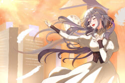  1girl alternate_costume ashley_(shining_nikki) brown_corset building clock clock_tower closed_eyes commentary_request corset cowboy_shot dress earrings eyelashes feathers floating_clothes floating_hair grey_hair hair_between_eyes hand_on_own_chest happy heart heart_earrings jewelry juliet_sleeves kohanai_setsuna light_particles light_rays lipstick long_hair long_hair_between_eyes long_sleeves makeup music nikki_(series) no_scar open_mouth outdoors outstretched_arm pink_lips puffy_sleeves shining_nikki sidelocks simple_bird singing skyscraper smile solo standing sun sunlight sunset teeth tower turtleneck turtleneck_dress twitter_username very_long_hair wavy_hair white_dress wind 