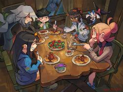  2girls 3boys az_(pokemon) black_hair black_hat blush_stickers closed_mouth commentary dark-skinned_male dark_skin dated english_commentary espurr floette floette_(eternal) food fork grey_hair hand_in_pocket hat highres holding holding_fork indoors jacket kyuare lida_(pokemon) long_hair multiple_boys multiple_girls naveen_(pokemon) paxton_(pokemon) pink_hair pocket pokemon pokemon_(creature) pokemon_legends:_z-a profile signature smile table taunie_(pokemon) window 