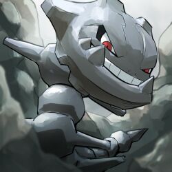  absurdres grin highres no_humans pokemon pokemon_(creature) red_eyes rock smile solo spicyichizo steelix 