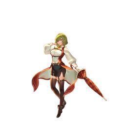  1girl alternate_costume black_boots black_skirt boots breasts brown_thighhighs closed_umbrella coat collared_shirt game_cg garter_straps highres holding holding_umbrella kazami_yuuka large_breasts long_sleeves looking_at_viewer necktie non-web_source official_art open_clothes open_coat pencil_skirt puffy_long_sleeves puffy_sleeves red_coat second-party_source shirt skirt sleeveless sleeveless_coat smile solo thigh-highs touhou touhou_gensou_eclipse transparent_background u_u_zan umbrella white_shirt yellow_necktie 