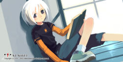  1girl 2001 2003 against_wall aqua_shoes archived_source black_shirt black_sleeves blue_shorts blush book breasts brown_eyes company_name copyright_notice double_brid food fruit holding holding_book indoors katakura_yuuki_(double_brid) layered_sleeves long_sleeves looking_at_viewer milktea_(aoiexk) newtype open_book orange_(fruit) orange_slice parted_lips ribbed_socks shirt shoes short_over_long_sleeves short_sleeves shorts sitting small_breasts socks solo t-shirt white_hair white_socks 