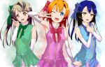  3girls :d ;d bare_shoulders blue_eyes blue_hair bow brown_hair detached_sleeves etsuji hair_bow kousaka_honoka long_hair looking_at_viewer love_live!_school_idol_project minami_kotori multiple_girls one_eye_closed open_mouth orange_hair side_ponytail smile sonoda_umi start:dash!! yellow_eyes 