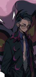  1boy 44nnn absurdres arbok black_coat black_pants closed_mouth coat collared_shirt commentary_request corbeau_(pokemon) frown glasses hand_in_pocket highres lapels long_sleeves looking_at_viewer male_focus necktie pants parted_hair pokemon pokemon_(creature) pokemon_legends:_z-a purple_shirt rimless_eyewear round_eyewear shirt shirt_tucked_in undercut white_necktie wing_collar yellow_eyes 