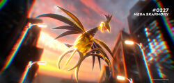 3d artist_name blurry blurry_background building celebi350300687 character_name chromatic_aberration cinema_4d_(medium) city clouds commentary_request flying full_body gold_skin highres lamppost mega_pokemon mega_skarmory metal_skin no_humans open_mouth outdoors pokedex_number pokemon pokemon_(creature) pokemon_focus pokemon_legends:_z-a skarmory sky solo talons wallpaper