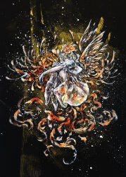  1girl bird_tail bird_wings black_background blonde_hair chicken_wing feathers full_body ikeda_ruriko looking_at_viewer medium_hair niwatari_kutaka short_sleeves solo tail touhou wings 