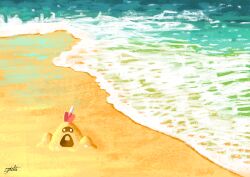  5xichi absurdres beach commentary_request highres no_humans ocean planted planted_shovel pokemon pokemon_(creature) pokemon_focus sand sandygast scenery shovel signature solo water waves 
