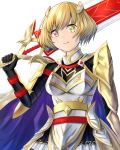  1girl absurdres armor blonde_hair breastplate cape charlotte_(shironeko_project) cowboy_shot faulds gauntlets green_eyes heterochromia highres ituka_(turbo_510ry) looking_at_viewer red_eyes shironeko_project short_hair simple_background smile solo spaulders sword weapon white_background 