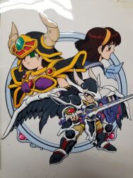  1boy 2girls armor armored_boots bikini_armor black_armor black_hair black_shirt black_shorts black_wings blue_neckerchief blue_sailor_collar boots brown_eyes brown_hair brown_pants cel closed_mouth commentary_request corruption dark_persona dual_persona expressionless fake_horns faulds feathered_wings gauntlets green_eyes hairband helmet highres holding holding_shield holding_sword holding_weapon horned_helmet horns kokomahi kouryuu_densetsu_villgust looking_at_viewer looking_back medium_hair miike_shun multiple_girls nakajima_michiko neckerchief official_art open_mouth pants ruciese_(villgust) sailor_collar school_uniform serafuku shield shirt short_hair shorts shoulder_armor smile standing sword weapon white_shirt wings yellow_hairband 