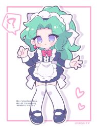  1girl apron black_dress black_shoes blue_eyes bow bowtie collared_dress dress earrings final_fantasy final_fantasy_vi full_body green_hair hair_bow jewelry juliet_sleeves long_hair long_sleeves maid maid_apron maid_headdress mary_janes official_alternate_costume parted_bangs ponytail puffy_sleeves red_bow red_bowtie shoes short_dress solo terra_branford thigh-highs tkyuff twitter_username white_background white_bow white_thighhighs 