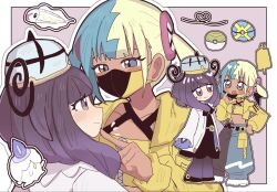  2girls :d black_dress black_hair black_pants black_shoes blonde_hair blue_hair blue_pants blush bob_cut canari_(pokemon) chibi chibi_inset closed_mouth coat crop_top cropped_jacket dark-skinned_female dark_skin dress eyelashes gloves gwynn_(pokemon) han0579 hand_on_another&#039;s_chin hat heart highres jacket litwick looking_at_another mask mask_pull mouth_mask multicolored_hair multiple_girls multiple_views nest_ball open_clothes open_coat open_jacket open_mouth pants pantyhose partially_fingerless_gloves poke_ball pokemon pokemon_(creature) pokemon_legends:_z-a purple_hair quick_ball rotom rotom_phone shoes short_hair smile two-tone_pants tynamo violet_eyes white_coat white_shoes yellow_jacket yuri 