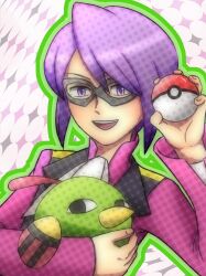  1boy commentary_request eye_mask fingernails green_outline holding holding_poke_ball holding_pokemon male_focus mask natu open_mouth outline poke_ball poke_ball_(basic) pokemon pokemon_(creature) pokemon_hgss purple_hair short_hair smile sumino teeth upper_teeth_only violet_eyes will_(pokemon) 