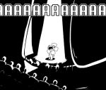  1boy asriel_dreemurr comic commentary costume crowd crowded english flower_costume koalacola monochrome monster_boy screaming spoilers spotlight stage stage_curtains stage_lights undertale what_if wide-eyed 
