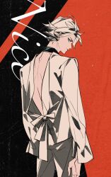  1boy backless_shirt black_background black_choker blue_eyes character_name choker closed_mouth cowboy_shot highres looking_at_viewer male_focus nice_(to_be_hero_x) pants parted_bangs red_background sd2190392804 shirt short_hair solo standing to_be_hero to_be_hero_x white_hair white_pants white_shirt 