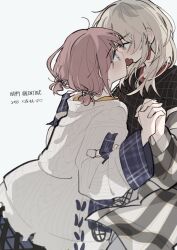  2girls absurdres black_shirt blue_eyes brown_hair candy cardigan chocolate commentary food girls_band_cry grey_hair happy_valentine heart heart-shaped_chocolate heart-shaped_food highres indoors interlocked_fingers iseri_nina kawaragi_momoka kiss long_hair long_sleeves low_twintails multicolored_hair multiple_girls roots_(hair) shirt short_hair short_twintails simple_background tetenohako translated twintails white_background white_cardigan yuri 