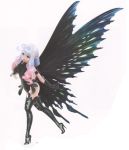  1girl 3d anne_(bravely_second) antenna_hair artist_request black_gloves black_legwear black_leotard blue_eyes boots bravely_default_(series) bravely_second:_end_layer butterfly_wings fairy gloves high_heels leotard long_hair looking_at_viewer pointy_ears silver_hair simple_background smile solo standing_on_one_leg thigh-highs thigh_boots white_background wings 