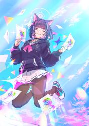  1girl absurdres animal_ears aqua_shoes black_choker black_hair black_jacket blue_archive blunt_bangs brown_pantyhose cat_ears choker colored_inner_hair commentary_request envelope halo highres himmel_gewalt holding holding_envelope hood hooded_jacket jacket kazusa_(blue_archive) long_sleeves looking_at_viewer midair multicolored_hair neckerchief one_eye_closed pantyhose pink_hair pink_neckerchief pleated_skirt red_eyes school_uniform shoes short_hair skirt smile solo white_skirt 