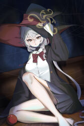  1girl 966_kururu_966 absurdres apple arm_up barefoot black_hat black_jacket black_skirt blue_archive bow bowtie braid brown_eyes collared_shirt commentary dark diagonal-striped_bow diagonal-striped_bowtie diagonal-striped_clothes earrings eri_(blue_archive) eyelashes film_grain food fruit full_body grey_hair hair_between_eyes hair_bobbles hair_ornament halo hand_on_headwear hat highres indoors jacket jewelry long_hair looking_at_viewer low_ponytail on_floor open_clothes open_jacket parted_lips pleated_skirt ponytail red_bow red_bowtie school_uniform shirt silk single_braid single_earring sitting skirt solo spider_web striped_bow striped_bowtie striped_clothes tsurime twitter_username very_long_hair white_shirt witch_hat wooden_floor yellow_halo yokozuwari 