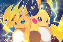  brown_eyes closed_mouth commentary electricity fang fangs highres hirochanu0807 mega_pokemon mega_raichu_x mega_raichu_y no_humans orange_fur pokemon pokemon_(creature) pokemon_focus raichu red_eyes tail very_long_ears yellow_fur 
