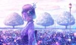  1girl bangs closed_mouth clouds field floral_print flower from_side frown hair_ornament japanese_clothes kimono lamppost obi original outdoors purple purple_flower purple_hair purple_skin sakimori_(hououbds) sash short_hair sky solo tree 