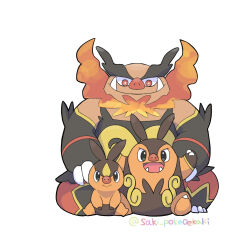  bright_pupils closed_mouth commentary_request emboar evolutionary_line fangs fire highres nostrils open_mouth pignite pokemon pokemon_(creature) pokemon_focus red_eyes saki_pokeoekaki simple_background sitting smile tepig white_background white_pupils 
