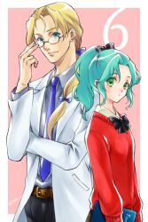  1boy 1girl adjusting_eyewear alternate_costume aqua_hair belt black_bow black_bowtie black_pants black_ribbon blonde_hair blue_eyes blue_necktie blue_ribbon book border bow bowtie breasts brown_belt closed_mouth collared_shirt edgar_roni_figaro final_fantasy final_fantasy_vi glasses green_eyes grey_shirt hair_over_shoulder hair_ribbon holding holding_book jacket long_hair medium_breasts multi-tied_hair necktie pants parted_bangs pink_background ponytail quichi_91 red_sweater ribbon shirt shirt_under_sweater suit_jacket sweater terra_branford white_border white_jacket white_shirt 