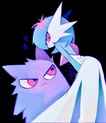  alternate_color black_background blue_hair dress flower gardevoir gengar ghost hair_flower hair_ornament heart highres leaning_forward masayo_(skip) pokemon pokemon_(creature) red_eyes shiny_pokemon simple_background white_dress 