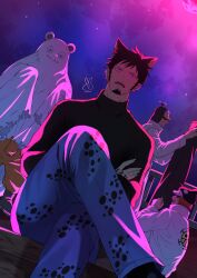  4boys animal_ears bear_ears bepo_(one_piece) black_hair black_shirt blue_pants cat_ears crossed_arms crossed_legs denim english_commentary facial_hair feet_out_of_frame ghost_costume halloween halloween_costume hand_tattoo hat heart_pirates_jolly_roger highres jeans jumpsuit long_sleeves male_focus multiple_boys niina_1oo9 one_piece open_mouth pants penguin_(one_piece) shachi_(one_piece) shirt short_hair signature sitting tattoo trafalgar_law turtleneck white_jumpsuit 