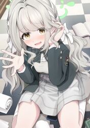  1girl blazer blue_archive blush book bow bowtie braid cellphone checkered_floor commentary diagonal-striped_bow diagonal-striped_bowtie diagonal-striped_clothes dress green_bow green_bowtie green_jacket grey_dress grey_hair hair_bow hair_ribbon halo highres indoors jacket kneeling long_hair looking_at_viewer miyo_(blue_archive) phone ribbon ribbon_braid shirousagi_una smartphone smile socks solo striped_bow striped_bowtie striped_clothes sweatdrop tissue tucking_hair very_long_hair white_bow white_ribbon white_socks yellow_eyes 