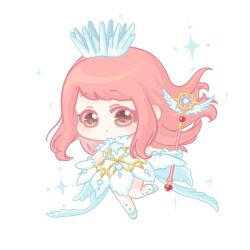  1girl :o bare_shoulders brown_eyes cardcaptor_sakura chibi chinese_commentary coattails colored_eyelashes commentary_request cosplay crown dress expressionless feather_dress floating_hair frilled_gloves frills gloves holding holding_wand kinomoto_sakura kinomoto_sakura_(clear_wings) kinomoto_sakura_(cosplay) leg_up light_blush long_hair magical_girl medium_dress nikki_(nikki) nikki_(series) parted_lips pink_hair shining_nikki shoes sidelocks simple_background sleeveless sleeveless_dress solo sparkle tareme turtleneck turtleneck_dress very_long_hair wand wavy_hair white_background white_crown white_dress white_gloves white_shoes xiaoyu_qixing 