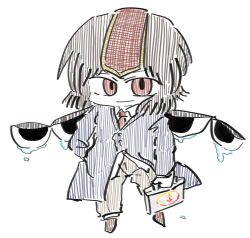  1other androgynous aodo_mikan blue_coat brown_hair brown_pants brown_shoes business_suit buttons closed_mouth coat collared_coat collared_shirt commentary_request dress_pants dress_shoes eye_of_senri eyes_on_wings full_body hand_in_pocket headgear highres holding holding_suitcase kokutenshi_hibaru lapels layered_sleeves len&#039;en long_sleeves medium_hair necktie other_focus pants red_eyes red_necktie shirt shoes simple_background smirk socks solo spread_wings standing suit suitcase teardrop white_background white_shirt white_socks 
