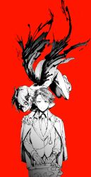  2boys absurdres aesop_carl aesop_carl_(trickster) black_sclera briefcase bububuki colored_sclera demon_horns fingernails floating frown gloves hands_on_another&#039;s_shoulders highres holding holding_briefcase horns identity_v jacket jacket_on_shoulders lapels looking_at_viewer male_focus multiple_boys necktie official_alternate_costume partially_colored partially_shaded_face red_background sharp_fingernails smile stitched_mouth stitches straight-on tentacles victor_grantz victor_grantz_(keyboard) watch watch 