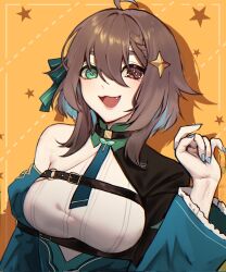  1girl :3 :d ahoge black_capelet blue_hair blue_nails bow braid breasts brown_eyes brown_hair capelet chest_belt chest_harness collar colored_inner_hair commentary cross-shaped_pupils detached_sleeves dress fang green_bow green_collar green_dress green_eyes green_necktie green_sleeves hair_between_eyes hair_bow hair_flaps hair_ornament half_capelet hand_up harness heterochromia highres indie_virtual_youtuber juliet_sleeves long_sleeves looking_at_viewer medium_breasts medium_hair meica_(vtuber) meica_(vtuber)_(1st_costume) mismatched_pupils multicolored_hair necktie open_mouth orange_background pendant_choker puffy_sleeves shirt single-shoulder_shirt single_bare_shoulder single_braid smile spanish_commentary sprout-shaped_pupils sprout_pendant star_(symbol) star_hair_ornament symbol-shaped_pupils underbust virtual_youtuber white_shirt yasao_(y05a8) 