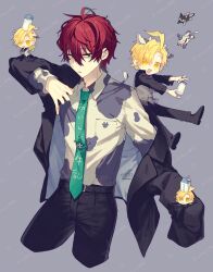  4boys :d absurdres ahoge alternate_costume animal_ears animal_print aqua_eyes aqua_necktie aqua_streaks belt black_belt black_jacket black_pants blonde_hair bottle brooch c_asca chibi clone cow cow_ears cow_horns cow_print cow_tail cowboy_shot cropped_legs frown hair_intakes highres horns hypnosis_mic izanami_hifumi jacket jewelry kannonzaka_doppo looking_at_viewer looking_to_the_side male_focus milk_bottle milk_carton multiple_boys necktie pants putting_on_jacket red_hair smile tail twitter_username wolf yellow_eyes 