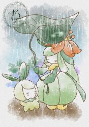  baya_(sakura_mint) blush closed_eyes full_body highres holding holding_leaf leaf leaf_umbrella lilligant monster_girl no_mouth petilil plant_girl pokemon pokemon_(creature) pokemon_focus rain standing twitter_username 