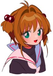  1girl antenna_hair black_shirt brown_hair cardcaptor_sakura green_eyes hair_bobbles hair_intakes hair_ornament kinomoto_sakura light_blush looking_at_viewer neckerchief open_mouth sailor_collar sanamaru_(sana79261827) school_uniform shirt short_hair sidelocks simple_background smile solo tomoeda_elementary_school_uniform upper_body white_background white_neckerchief white_sailor_collar 