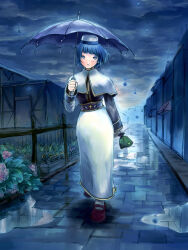  1girl acolyte_(ragnarok_online) bag blue_eyes blue_hair blue_theme blue_umbrella brown_shirt brown_shoes capelet commentary_request dated_commentary full_body handbag hat holding holding_bag long_skirt long_sleeves mary_janes outdoors overcast parted_lips path pillbox_hat puddle ragnarok_online rain shirt shoes short_hair skirt sky smile solo umbrella walking white_capelet white_hat white_skirt zema 
