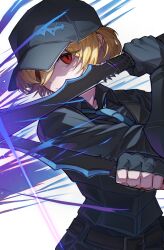  1girl baseball_cap belt black_gloves black_shirt black_vest blonde_hair blue_necktie collared_shirt dagger don_quixote_(project_moon) dual_wielding fingerless_gloves gloves hat highres holding holding_dagger holding_knife holding_weapon jeehyung_seo knife limbus_company long_sleeves looking_at_viewer multiple_weapons necktie one_eye_covered pants project_moon red_eyes shirt short_hair solo vest w_corp._(identity)_(project_moon) weapon white_background 