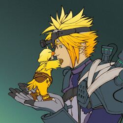  1boy 1girl aerith_gainsborough aerith_gainsborough_(chocobo_suit) armor bandaged_head bandages bird_costume blonde_hair blue_eyes bodysuit brown_gloves brown_hair chocobo closed_mouth cloud_strife cloud_strife_(bandaged_coat) cosplay final_fantasy final_fantasy_vii final_fantasy_vii_ever_crisis frankenstein's_monster frankenstein's_monster_(cosplay) gloves grey_background grey_gloves hair_between_eyes hand_on_another's_cheek hand_on_another's_face herzenreine in_palm leather_armor object_through_head official_alternate_costume parted_bangs screw_in_head short_hair shoulder_armor size_difference smile spiky_hair talons upper_body vambraces 