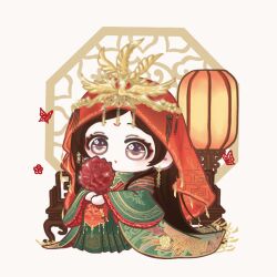  1girl :o animated animated_gif bouquet bridal_veil bride brown_eyes chibi chinese_clothes chinese_commentary commentary_request crimson_phoenix_(shining_nikki) crown expressionless eyelashes eyeshadow floral_print flower gold_crown green_hanfu hanfu holding holding_bouquet lantern lattice light_blush long_sleeves looking_at_viewer looping_animation makeup nikki_(series) official_alternate_color on_throne paper_lantern parted_lips red_eyeshadow red_flower red_rose red_vest rose shining_nikki sitting sitting_on_throne solo spanked tareme throne veil vest white_background wide_sleeves xiaoyu_qixing 