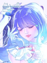  1girl 217find! 4th_live_dream_~bloom_the_dream_believers~ absurdres animification character_name choker closed_eyes collarbone commentary_request dated facing_viewer flower flower-trimmed_dress frilled_gloves frills gloves hanamiya_nina hanamiya_nina_(style) happy_birthday highres kirisaki_nuko link!_like!_love_live! lips love_live! mole mole_under_eye otomune_kozue parted_lips pink_flower pink_rose portrait purple_hair real_life red_lips rose solo u_u voice_actor voice_actor_connection white_choker white_gloves yume_wazurai 