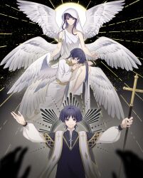  1boy 1girl 2boys alternate_costume alternate_universe ancient_greek_clothes angel angel_wings anklet armlet bare_legs bare_shoulders biblically_accurate_angel black_background blue_eyes blue_hair blue_pupils blunt_bangs blurry bracelet chinese_commentary christianity clenched_teeth clerical_collar closed_mouth collarbone cross cross_necklace depth_of_field dress dual_persona expressionless eyeliner feathered_wings floating genshin_impact glowing gradient_hair greco-roman_clothes head_rest highres holding holding_cross holding_staff invisible_chair jewelry leaning_on_person leaning_to_the_side light_rays long_hair long_sleeves looking_at_viewer makeup mole mole_under_eye mother_and_son multicolored_eyes multicolored_hair multiple_boys multiple_others necklace priest purple_hair raiden_shogun red_eyeliner robe roman_clothes scaramouche_(genshin_impact) shade shadow shimao141 short_hair sitting sleeping sleeveless smile staff standing sun teeth upper_body veil violet_eyes wanderer_(genshin_impact) white_dress white_veil white_wings wings 