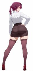  absurdres ai-generated alternate_costume ass belt black_skirt breasts eyewear_on_head from_behind full_body hand_on_own_hip heretikka high_heels highres honkai:_star_rail honkai_(series) huge_ass kafka_(honkai:_star_rail) looking_at_viewer narrow_waist pantyhose ponytail purple-tinted_eyewear purple_hair purple_pantyhose round_eyewear see-through_clothes see-through_skirt shirt sideboob skirt sunglasses teacher tinted_eyewear violet_eyes white_shirt 