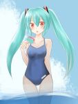  1girl green_hair hatsune_miku highres kazenoko long_hair one-piece_swimsuit popsicle red_eyes solo swimsuit twintails vocaloid wading 