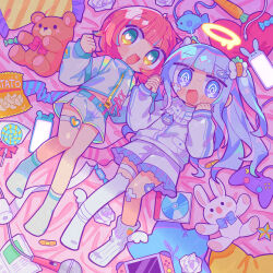  2girls :3 :d @_@ asymmetrical_legwear bag_of_chips bandaid bandaid_on_cheek bandaid_on_face bandaid_on_knee bandaid_on_leg blue_eyes blue_hair blunt_bangs blush candy carrot_hair_ornament cd cellphone commentary_request controller food food-themed_hair_ornament frilled_shorts frills full_body game_controller green_eyes hair_ornament halo heart heart-shaped_pupils highres holding_hands jacket lollipop long_hair long_sleeves looking_at_viewer melting_halo microphone multiple_girls navel one_side_up open_mouth original phone red_hair ribbed_socks richard_(richaball) short_hair shorts single_sock single_thighhigh smile socks stuffed_animal stuffed_rabbit stuffed_toy sweat swirl_lollipop symbol-shaped_pupils teddy_bear thigh-highs thigh_strap uneven_legwear white_jacket white_shorts white_socks yellow_halo yume_kawaii 