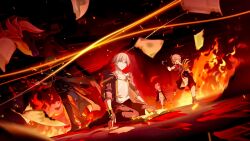  1girl 3boys absurdres aged_down anaxa_(honkai:_star_rail) ancient_greek_clothes animal antenna_hair arms_behind_back black_boots black_coat black_gloves black_jacket black_pants black_sandals black_shorts blue_cape blue_shirt book boots bridal_gauntlets burning caelus_(honkai:_star_rail) cape chile coat cyrene_(aedes_elysiae)_(honkai:_star_rail) cyrene_(honkai:_star_rail) dress eyepatch faceless faceless_female fingerless_gloves fire floating_clothes glitch gloves greco-roman_clothes green_hair grey_hair hair_between_eyes hair_ribbon hand_up highres himation holding honkai:_star_rail honkai_(series) hood hooded_coat horns jacket lapels long_sleeves looking_at_another looking_at_object looking_down multicolored_hair multiple_boys no_eyes official_alternate_costume open_book open_clothes open_coat open_jacket open_mouth pants paper phainon_(a_dream_scented_in_wheat)_(honkai:_star_rail) phainon_(honkai:_star_rail) pink_hair purple_jacket ribbon sandals shirt short_hair short_sleeves shorts sitting smile standing standing_on_one_leg streaked_hair sun_symbol t-shirt tassel teeth trailblazer_(honkai:_star_rail) two-sided_coat two-sided_fabric weeds white_dress white_hair white_ribbon white_shirt wide_sleeves yellow_coat yellow_eyes zh29eng 