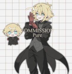  1boy absurdres amamiya_ren antenna_hair basil_(faraway)_(omori) basil_(omori) blonde_hair blue_eyes blush chibi commission cosplay double-parted_bangs hair_between_eyes highres joker_(persona_5) joker_(persona_5)_(cosplay) looking_at_viewer male_focus my_loleeta nervous_smile omori open_mouth persona persona_5 sidelocks smile solo teeth twitter_username upper_teeth_only 