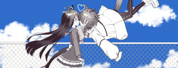  2girls absurdres agnes_tachyon_(umamusume) ahoge animal_ears blue_sky boots chain-link_fence clouds fence frilled_skirt frills greyscale_with_colored_background hair_between_eyes heart highres horse_ears horse_girl horse_tail jacket long_hair long_sleeves looking_at_another manhattan_cafe_(umamusume) multiple_girls nochatea open_clothes open_jacket pantyhose pleated_skirt profile puffy_long_sleeves puffy_sleeves school_uniform shirt skirt sky tail tracen_school_uniform umamusume very_long_hair yuri 