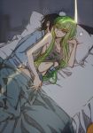  1boy 1girl bed black_hair c.c. code_geass creayus green_hair groping hug hug_from_behind lelouch_lamperouge long_hair lying on_side pajamas parted_lips pillow sleeping yellow_eyes 