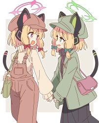  2girls :d absurdres animal_ear_headphones animal_ears bag black_skirt black_sweater blonde_hair blue_archive blush border bow bright_pupils brown_overalls brown_sweater cat_ear_headphones cat_ears commentary cowboy_shot eye_contact fake_animal_ears green_bow green_eyes green_halo green_jacket grey_background hair_bow halo headphones highres holding_hands jacket long_sleeves looking_at_another mechanical_tail midori_(blue_archive) momoi_(blue_archive) multiple_girls open_clothes open_jacket open_mouth outline outside_border overalls pink_eyes pink_halo pleated_skirt red_bow ribbed_sweater short_hair siblings sidelocks simple_background sisters skirt smile sweater tail turtleneck turtleneck_sweater twins v-shaped_eyebrows white_border white_outline white_pupils zungurimukkuri_tarou 